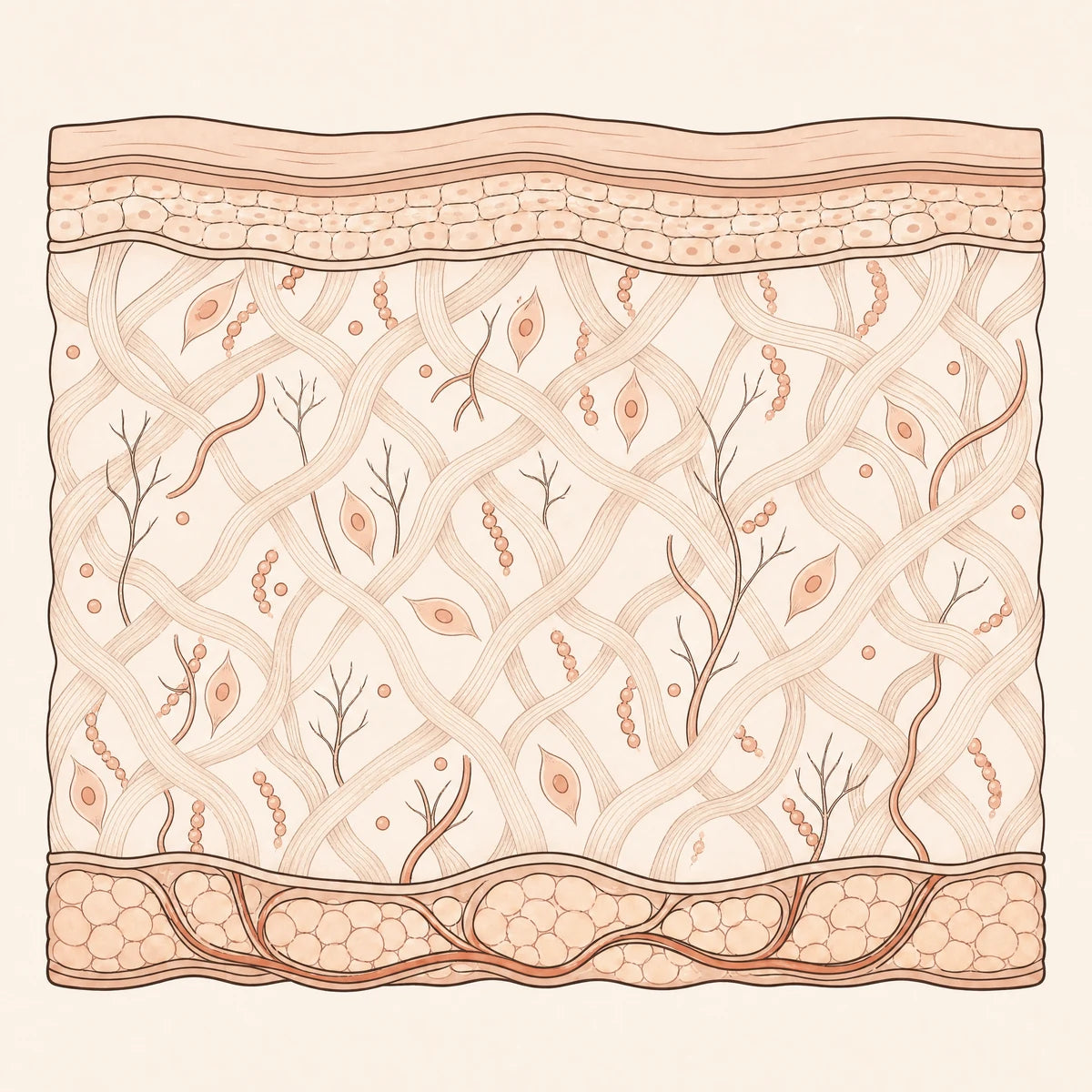 Illustration: dermis with depleted collagen — thinned lattice, creased surface