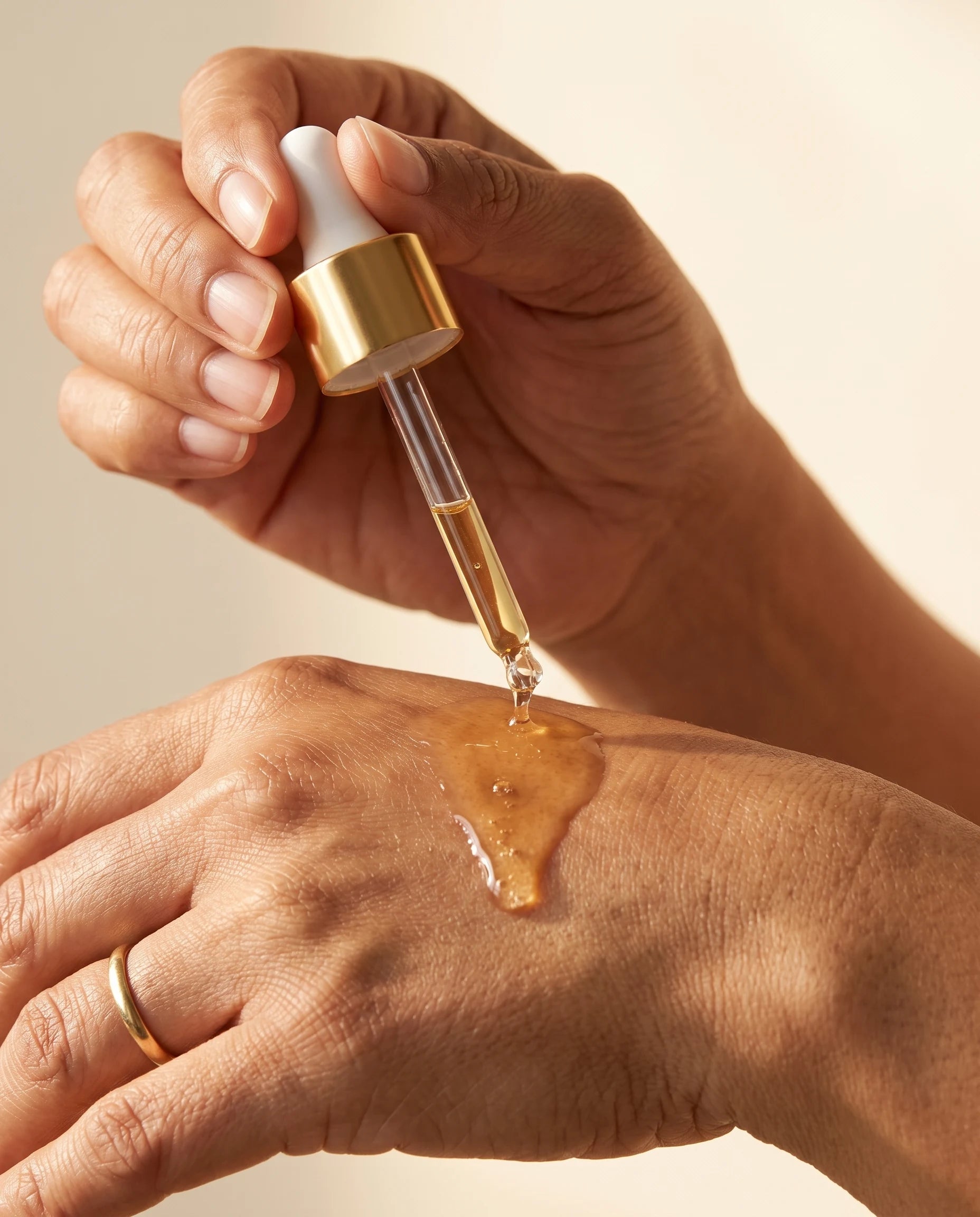 A single drop of Goun serum falling from the glass dropper