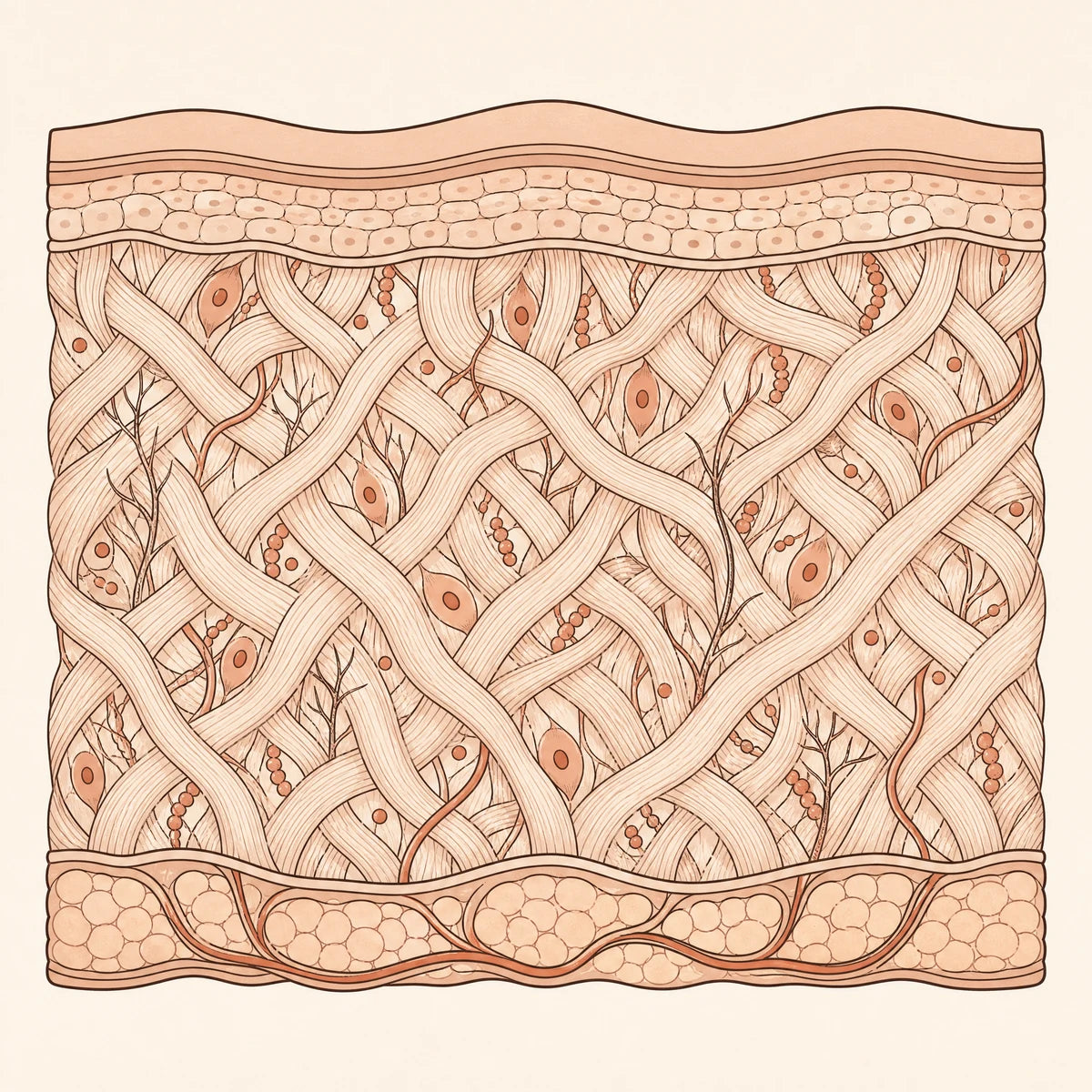 Illustration: dermis with full collagen support — plump lattice, smooth surface